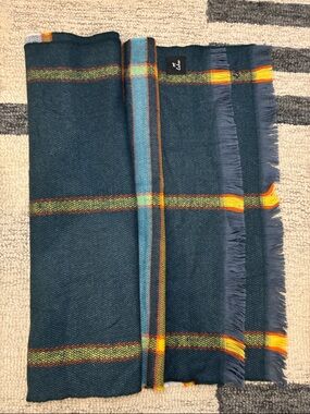 Echo Plaid Scarf Navy Yellow Tartan Fringe Cozy Fall Winter Wrap
